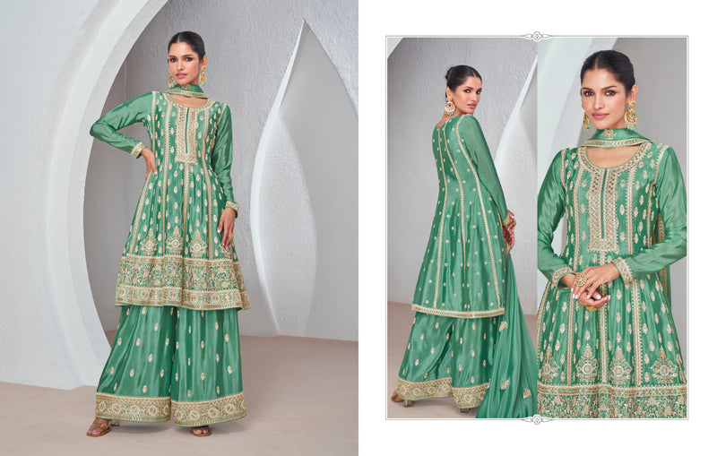 Green Chinnon Silk Palazzo Suit with Embroidered Dupatta