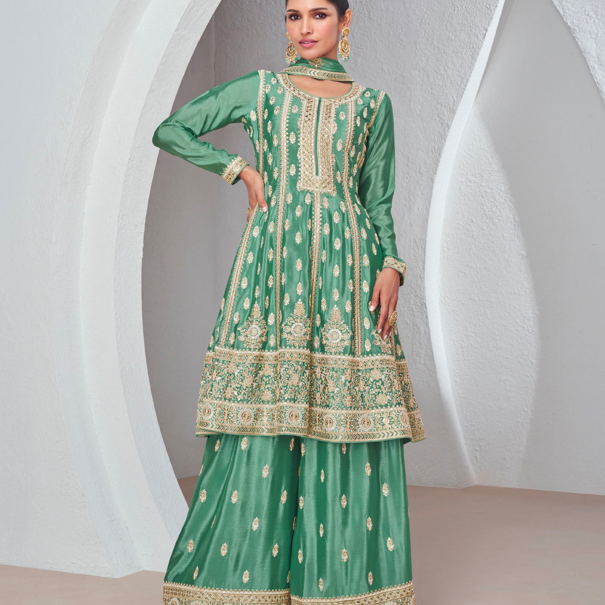 Green Chinnon Silk Palazzo Suit with Embroidered Dupatta