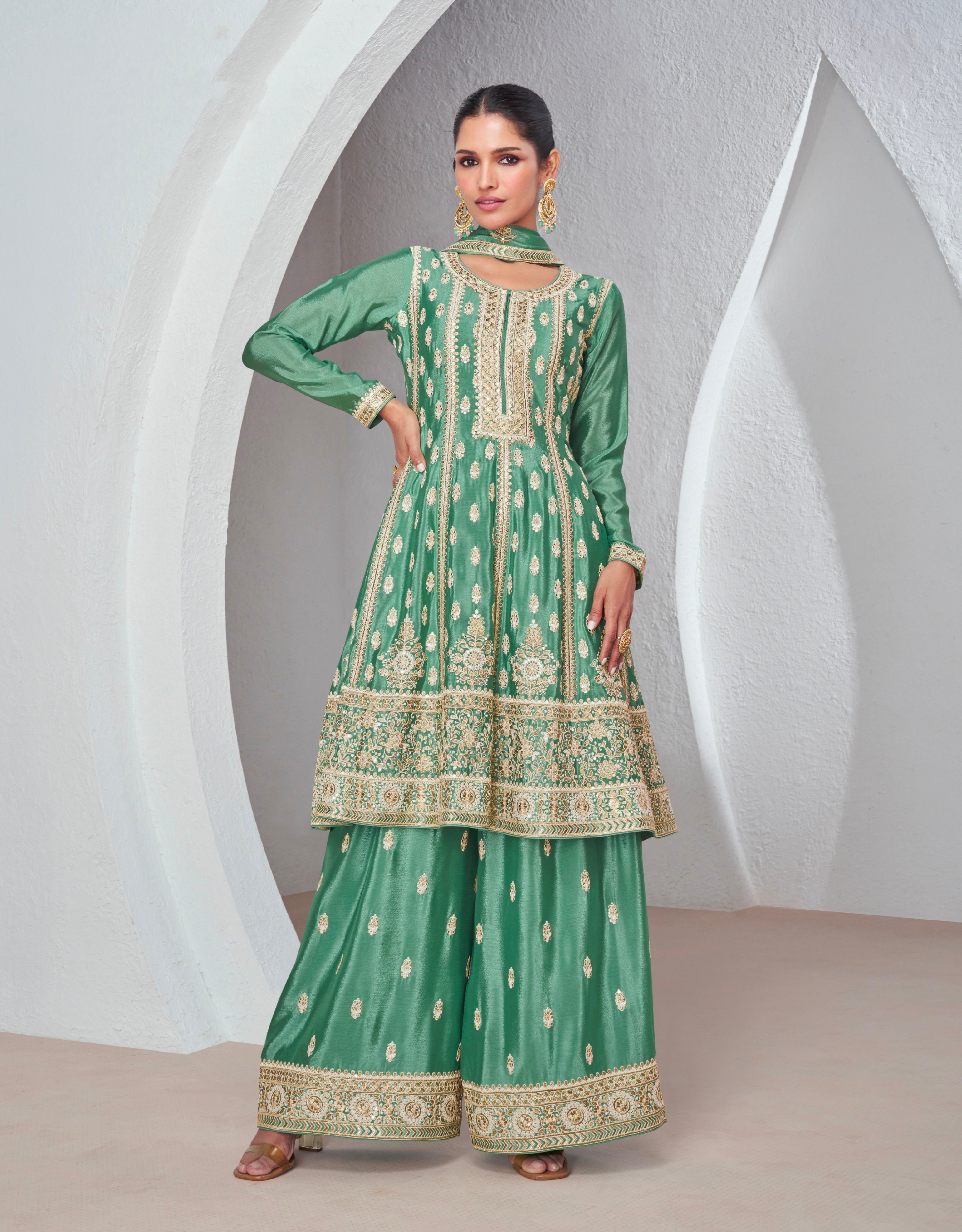 Green Chinnon Silk Palazzo Suit with Embroidered Dupatta