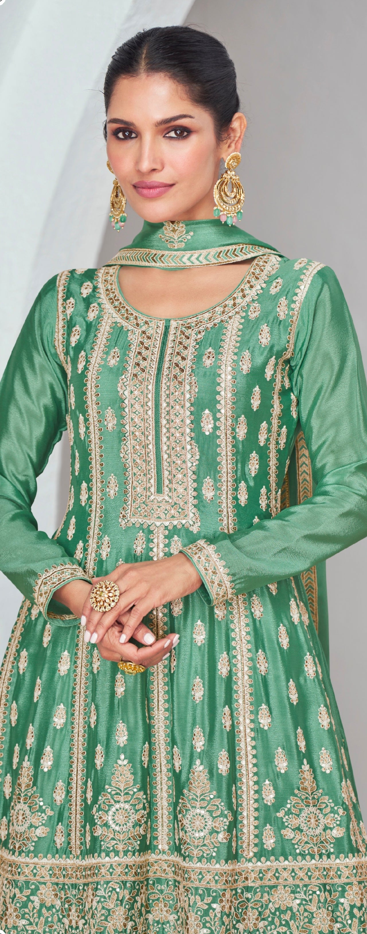 Green Chinnon Silk Palazzo Suit with Embroidered Dupatta