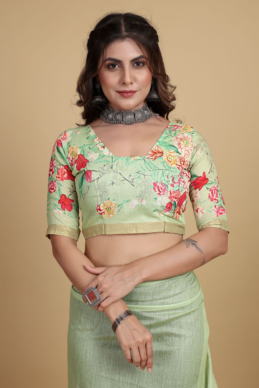 Beautiful Designer Soft Linen Cotton with Designer Floral Print Saree