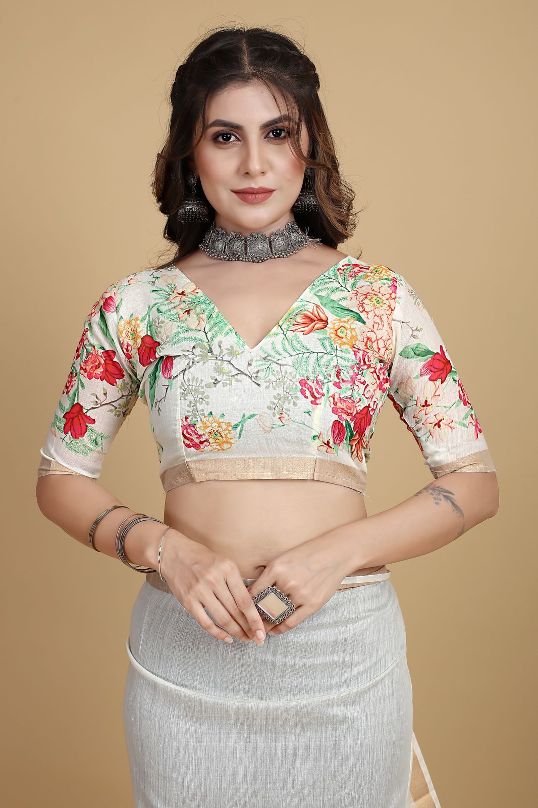 Beautiful Designer Soft Linen Cotton with Designer Floral Print Saree