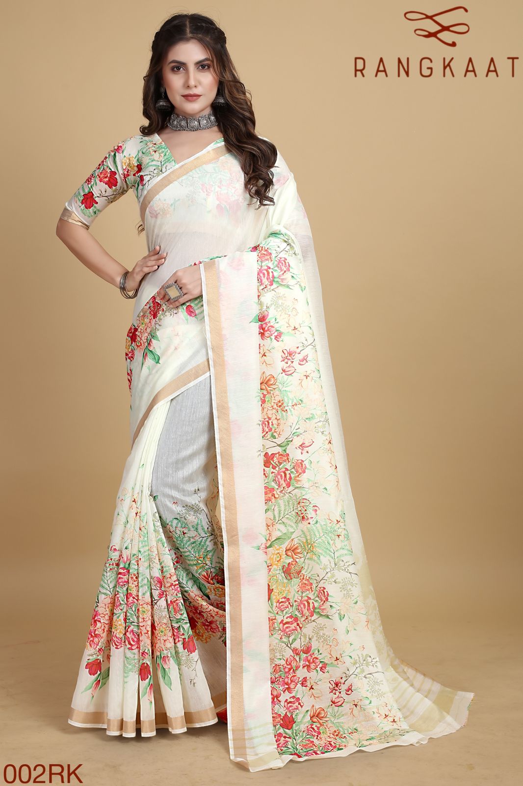 Beautiful Designer Soft Linen Cotton with Designer Floral Print Saree