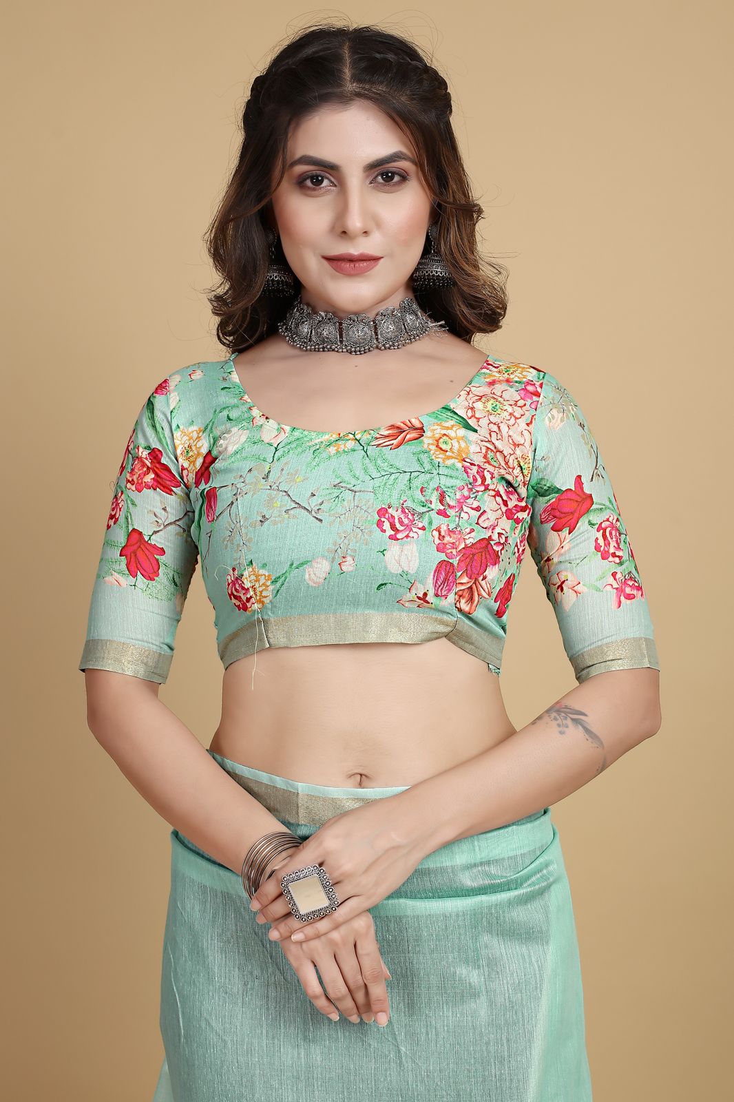 Beautiful Designer Soft Linen Cotton with Designer Floral Print Saree