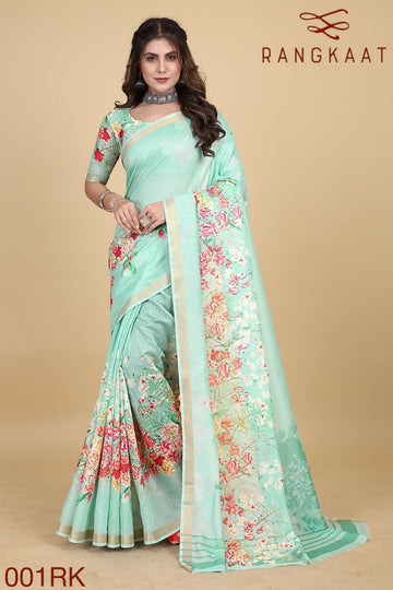 Beautiful Designer Soft Linen Cotton with Designer Floral Print Saree