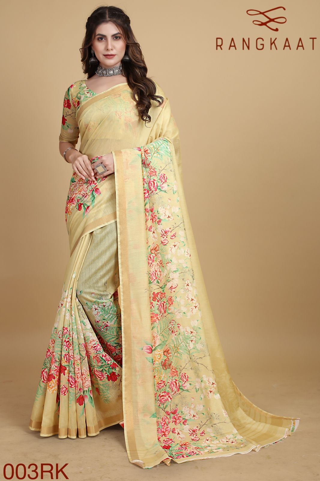 Beautiful Designer Soft Linen Cotton with Designer Floral Print Saree