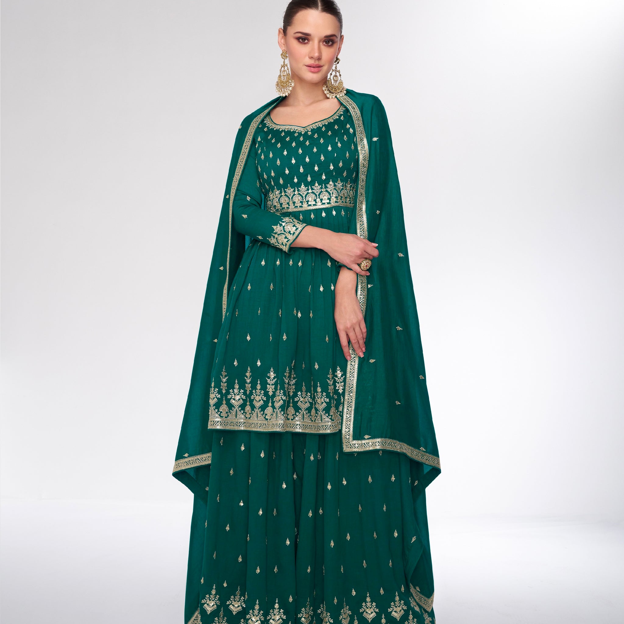 Green Premium Silk Sharara Suit with Embroidered Dupatta