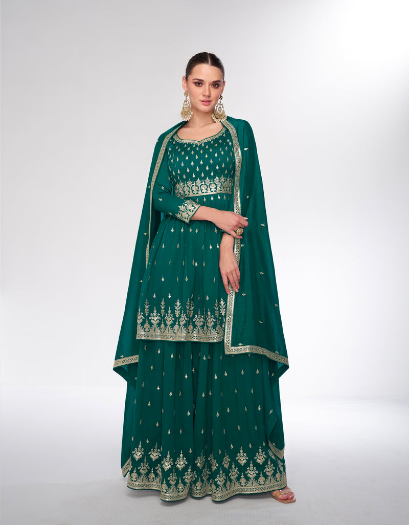 Green Premium Silk Sharara Suit with Embroidered Dupatta