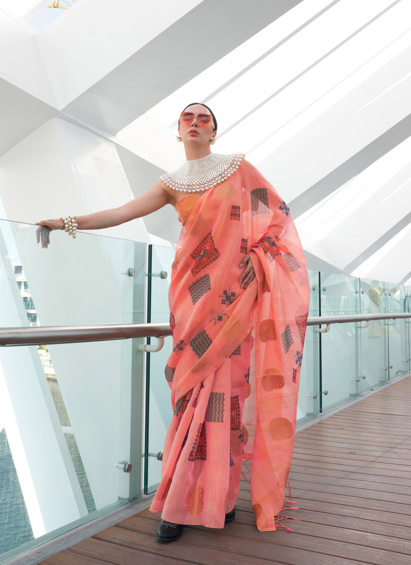 Beautiful Designer Silk Printed Handloom Zari Tissue Saree