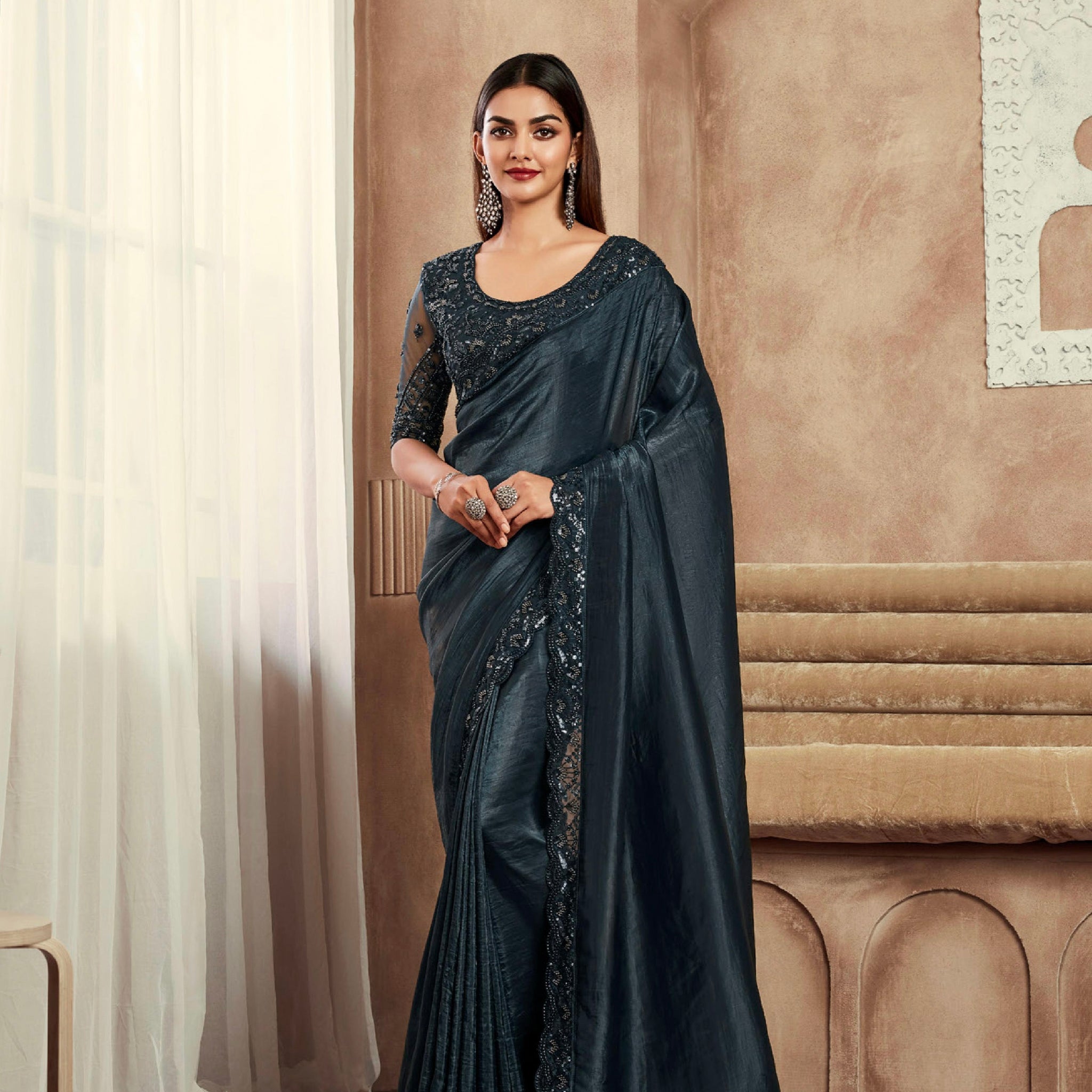 Beautiful Designer Occasion Wear Fancy Sartin Silk Saree