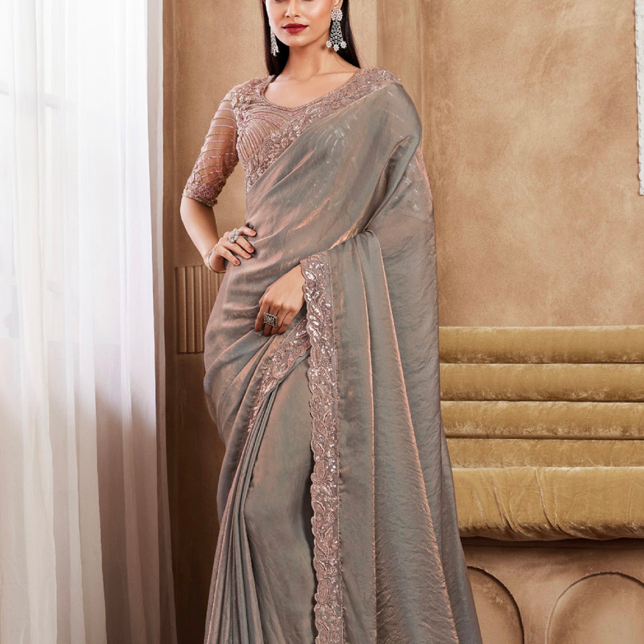 Beautiful Designer Occasion Wear Fancy Sartin Silk Saree