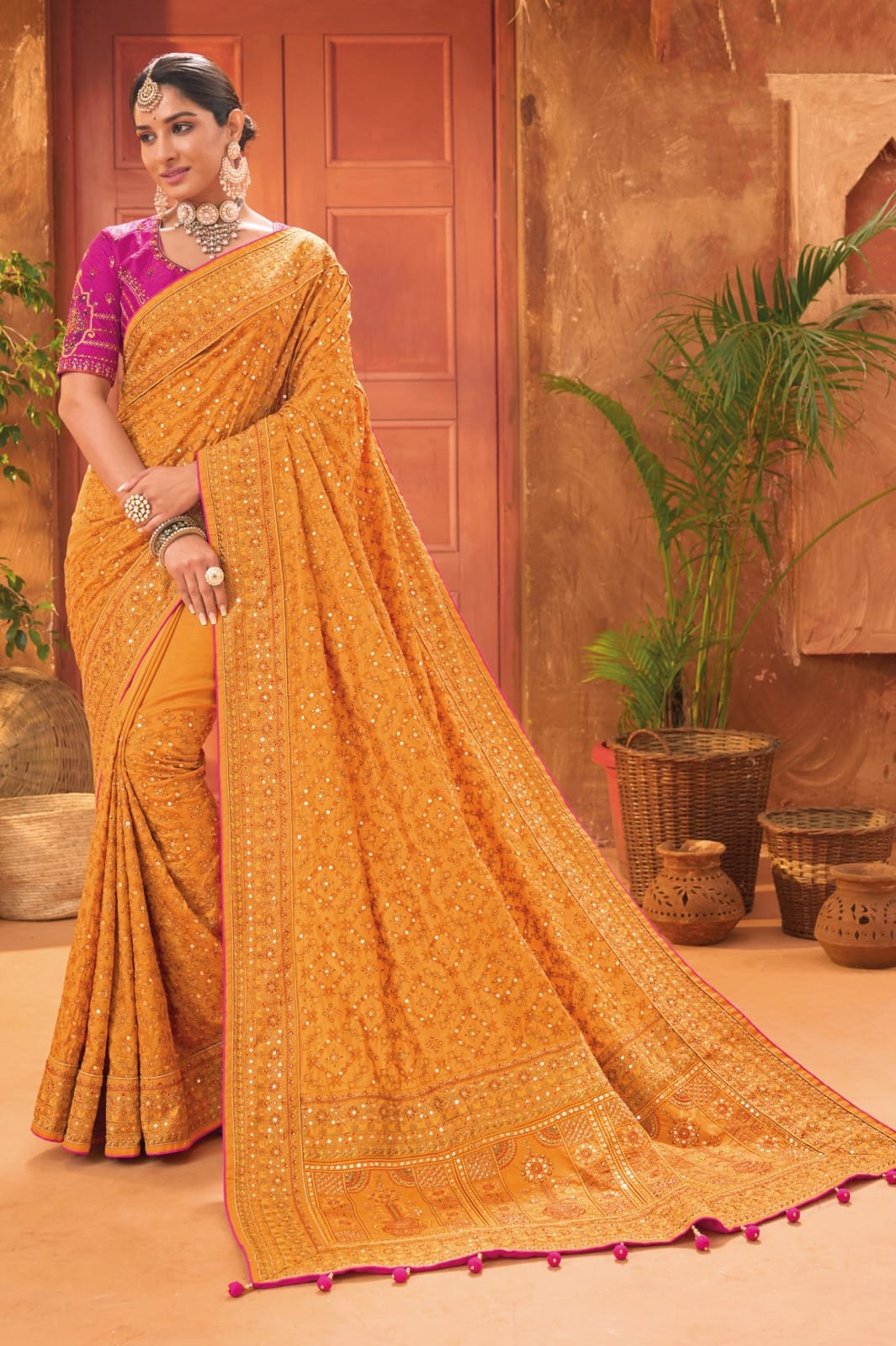 Bridal Wedding Mustered Kacchi Work Banarasi Silk Saree