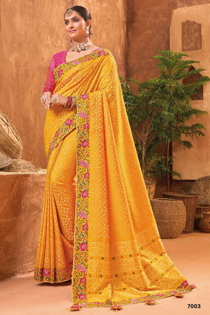 Bridal Wedding Mustard Kacchi Work Banarasi Silk Saree