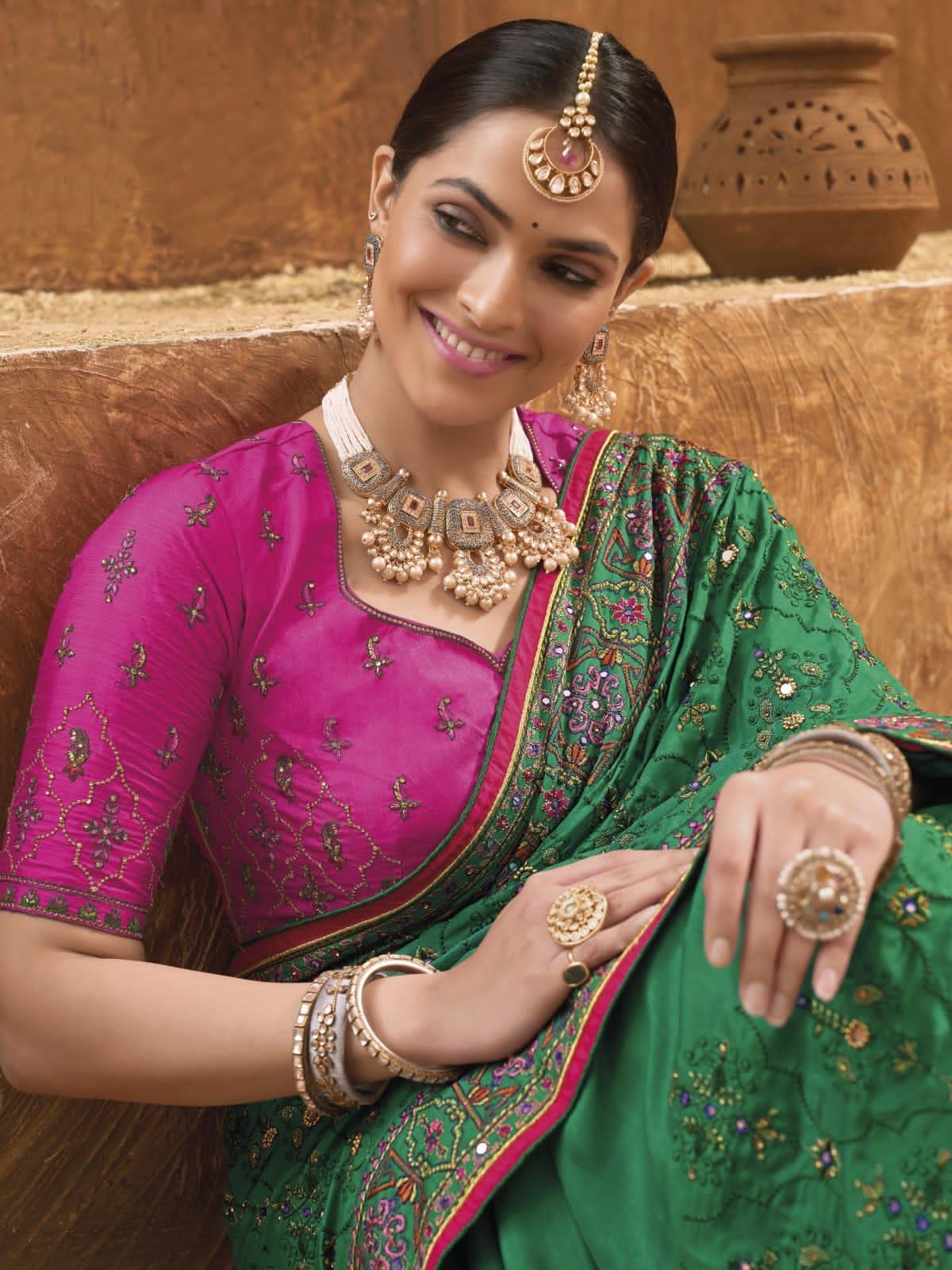 Bridal Wedding Sea Green Kacchi Work Banarasi Silk Saree