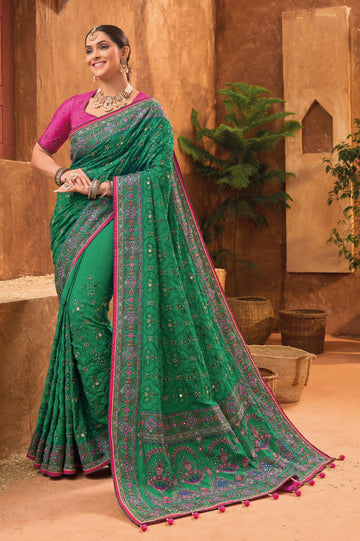 Bridal Wedding Sea Green Kacchi Work Banarasi Silk Saree