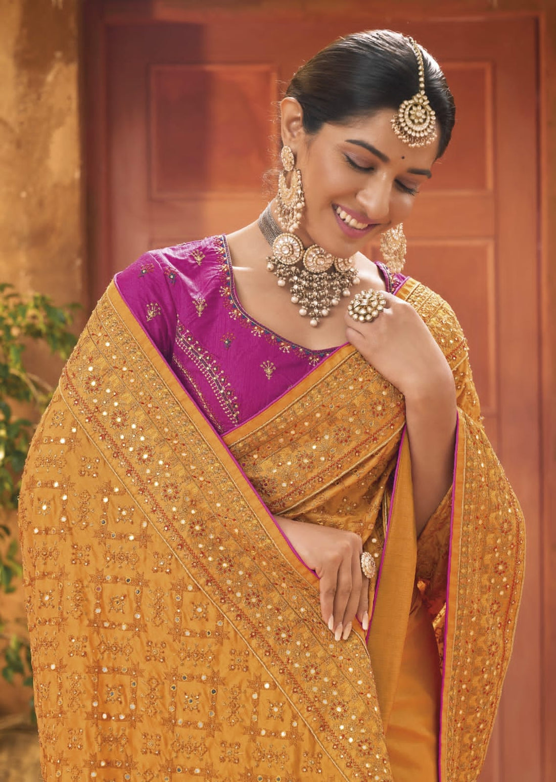 Bridal Wedding Mustered Kacchi Work Banarasi Silk Saree