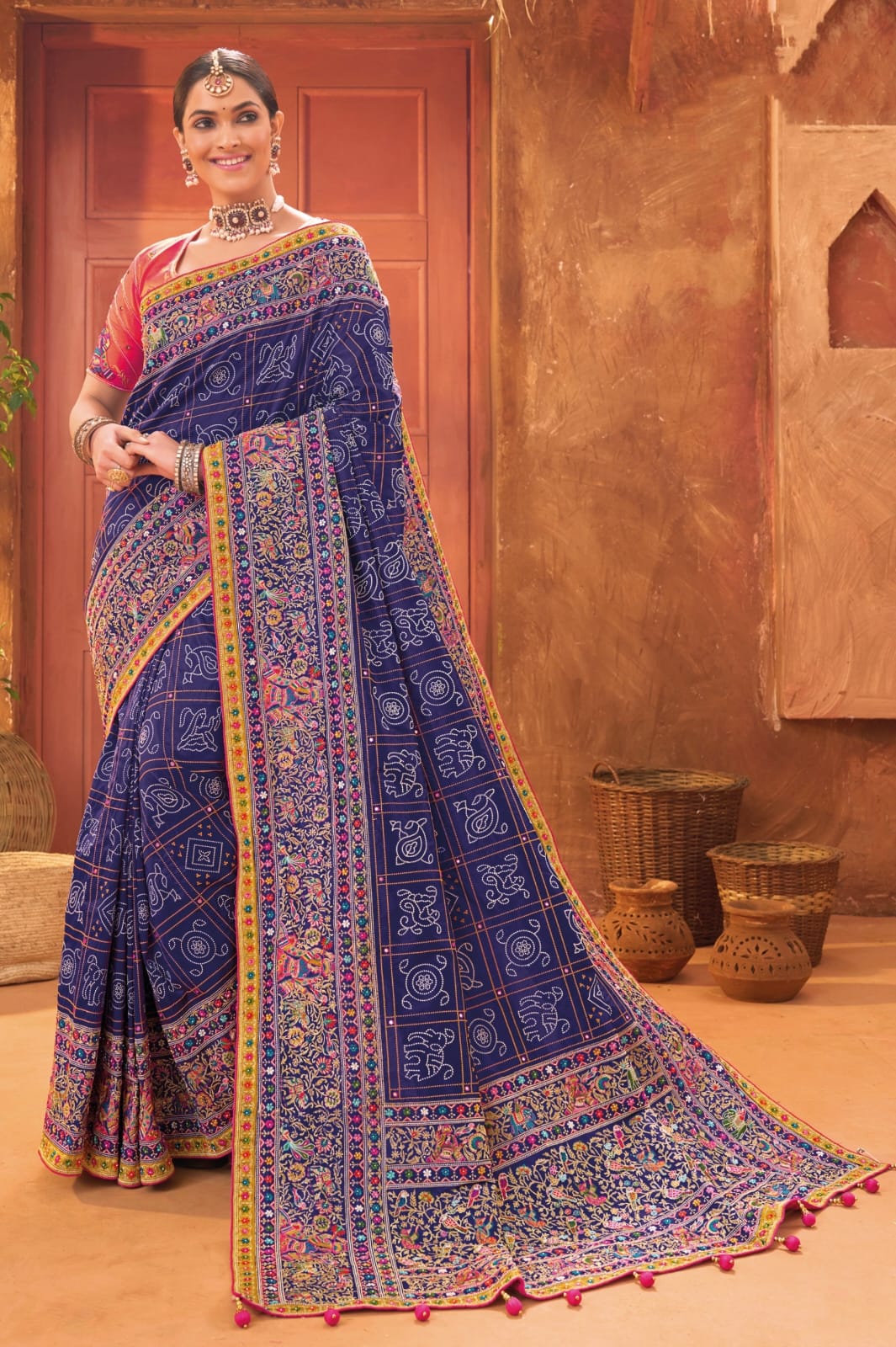 Bridal Wedding Blue Kacchi Work Banarasi Silk Saree