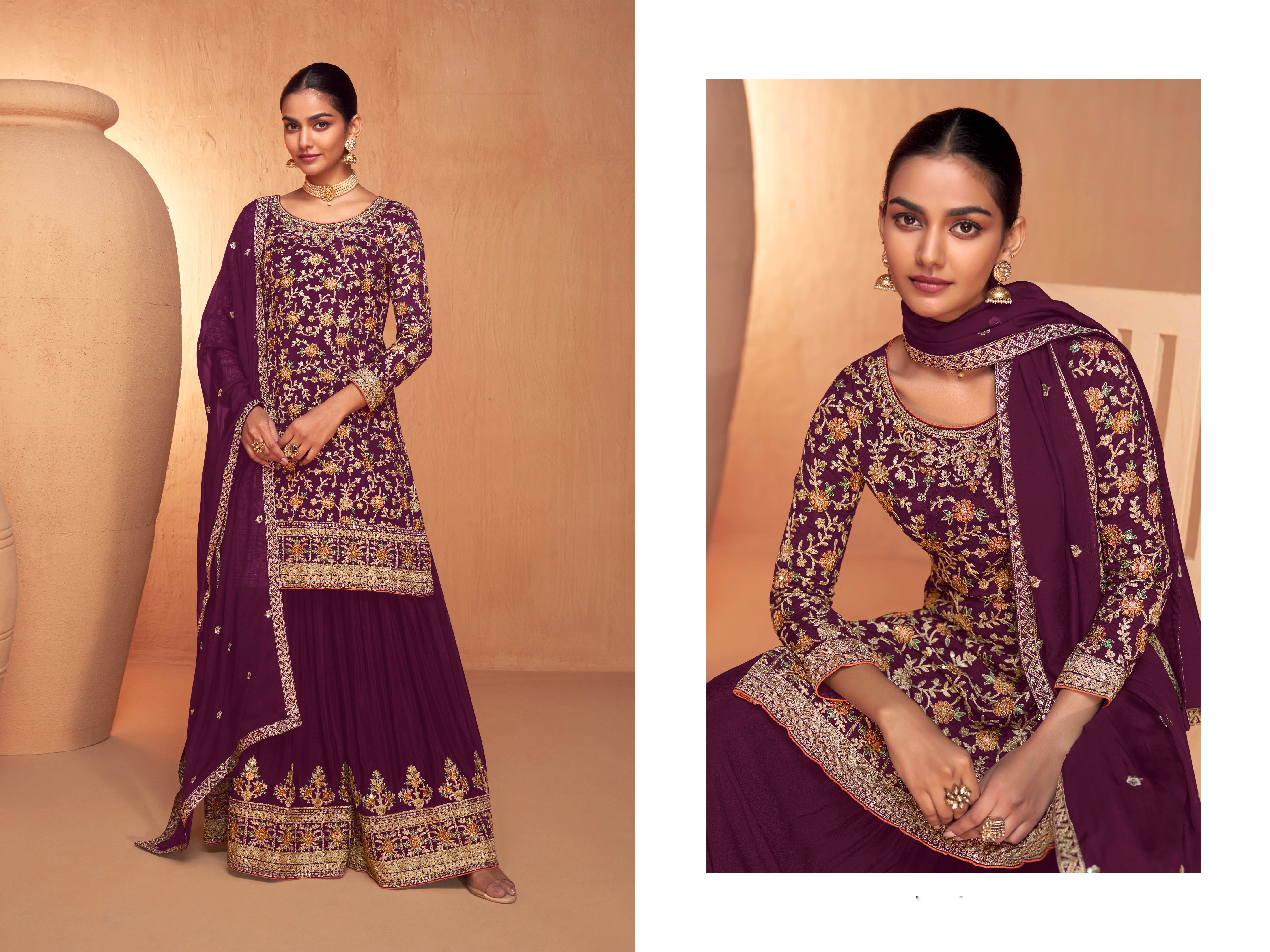 Purple Embroidered Sharara Suit with Real Chinon Dupatta