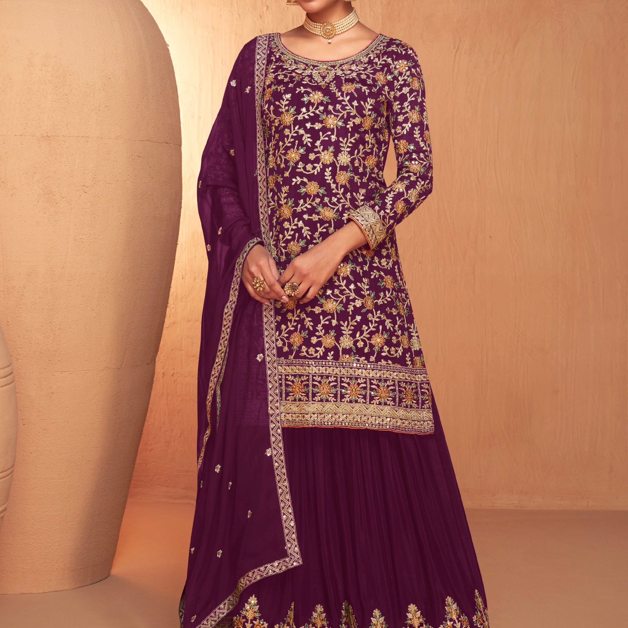 Purple Embroidered Sharara Suit with Real Chinon Dupatta