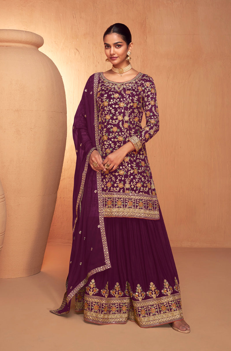 Purple Embroidered Sharara Suit with Real Chinon Dupatta