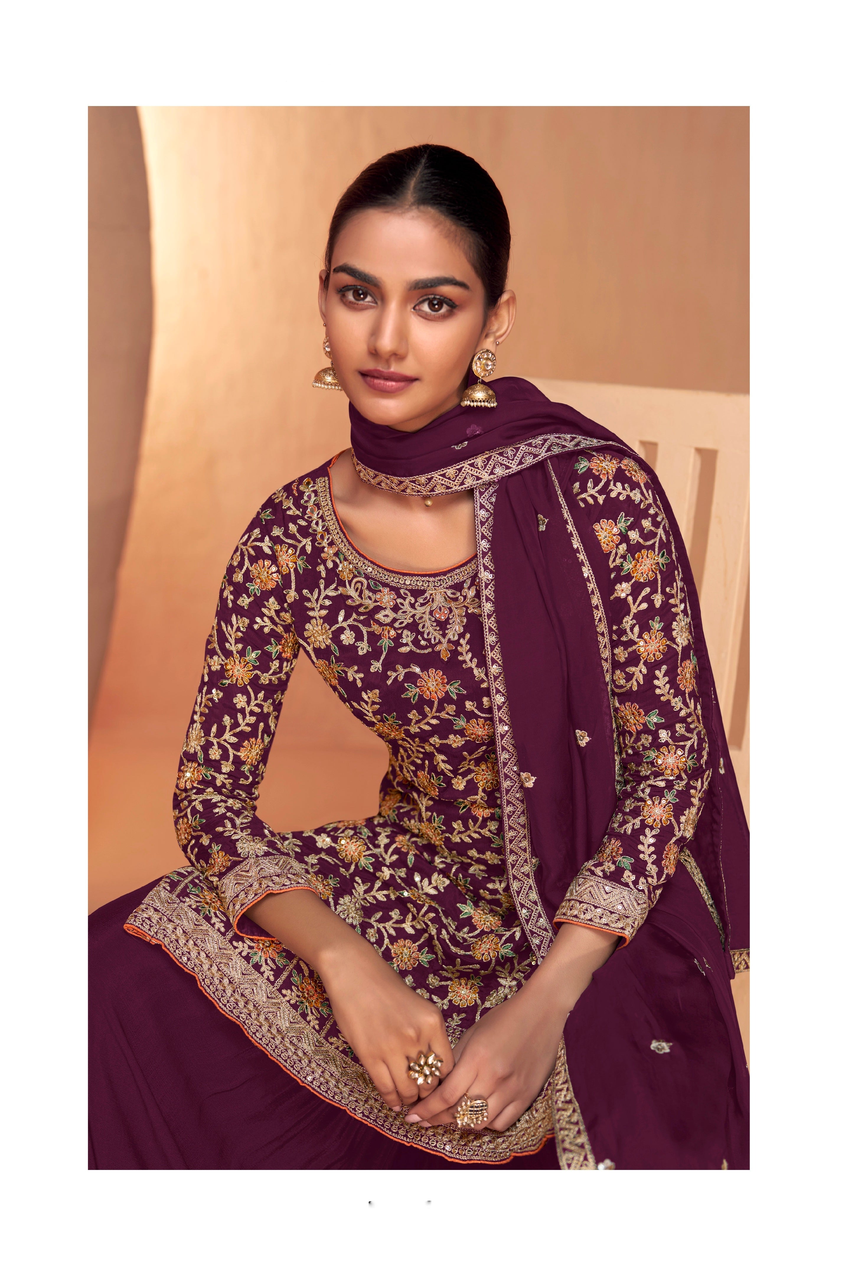 Purple Embroidered Sharara Suit with Real Chinon Dupatta