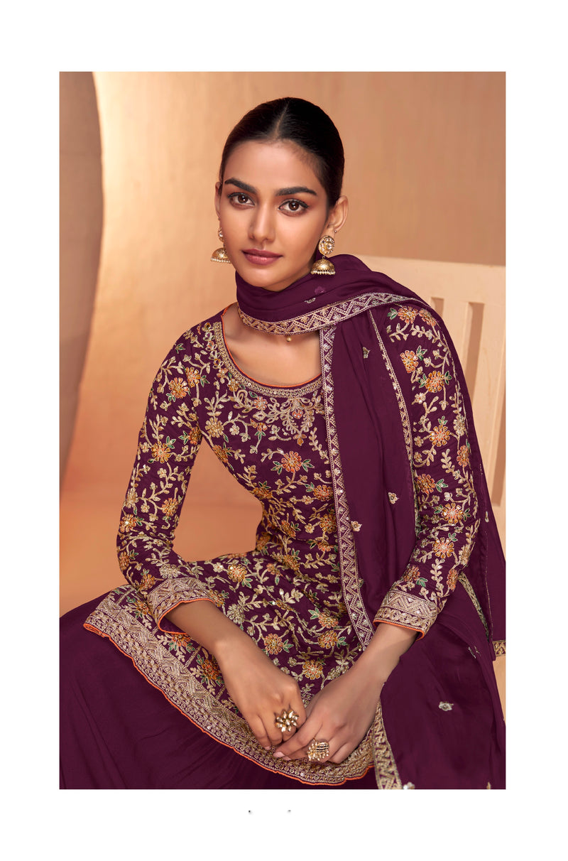 Purple Embroidered Sharara Suit with Real Chinon Dupatta
