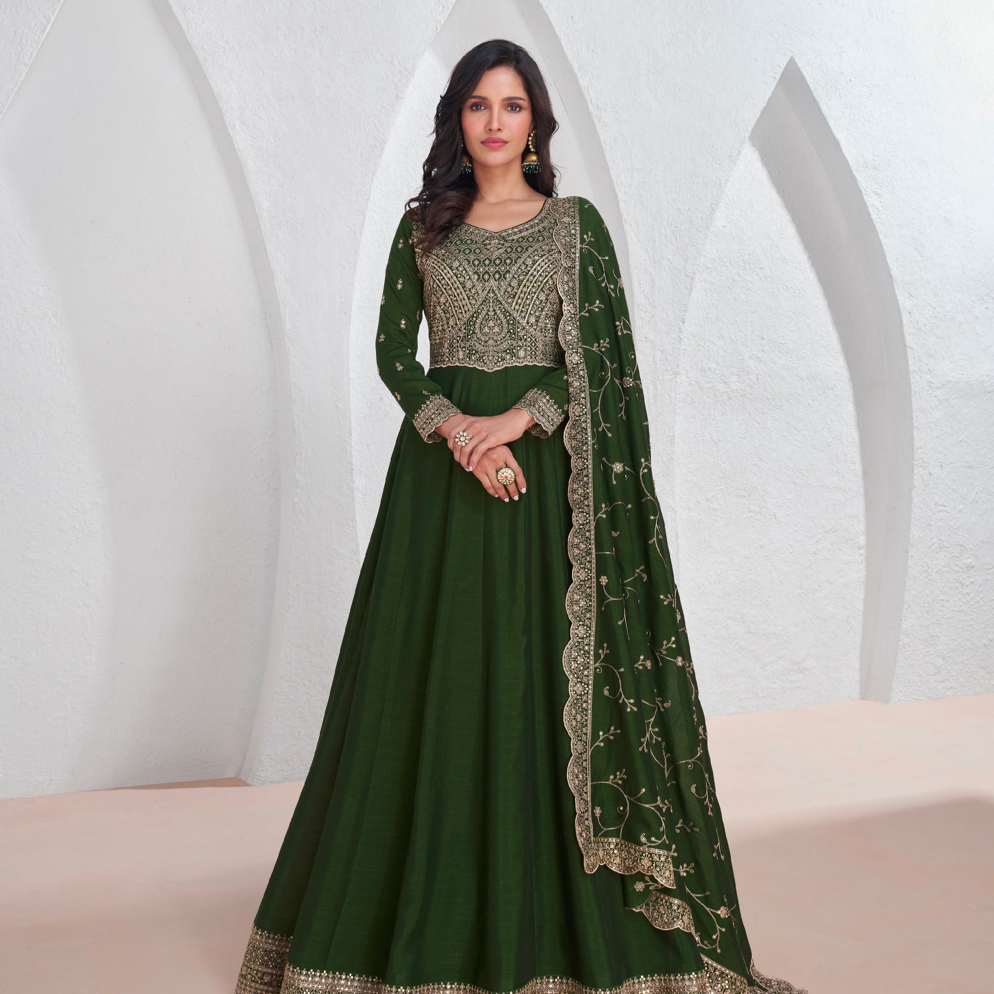 Green Silk Anarkali Suit with Embroidered Dupatta for Festive Events