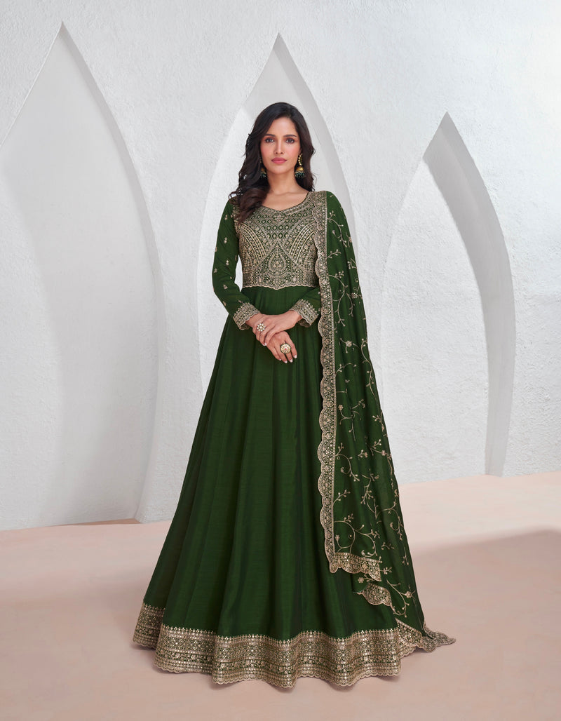 Green Silk Anarkali Suit with Embroidered Dupatta for Festive Events