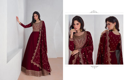 Red embroidered premium silk Anarkali suit with dupatta for weddings and festivals.
