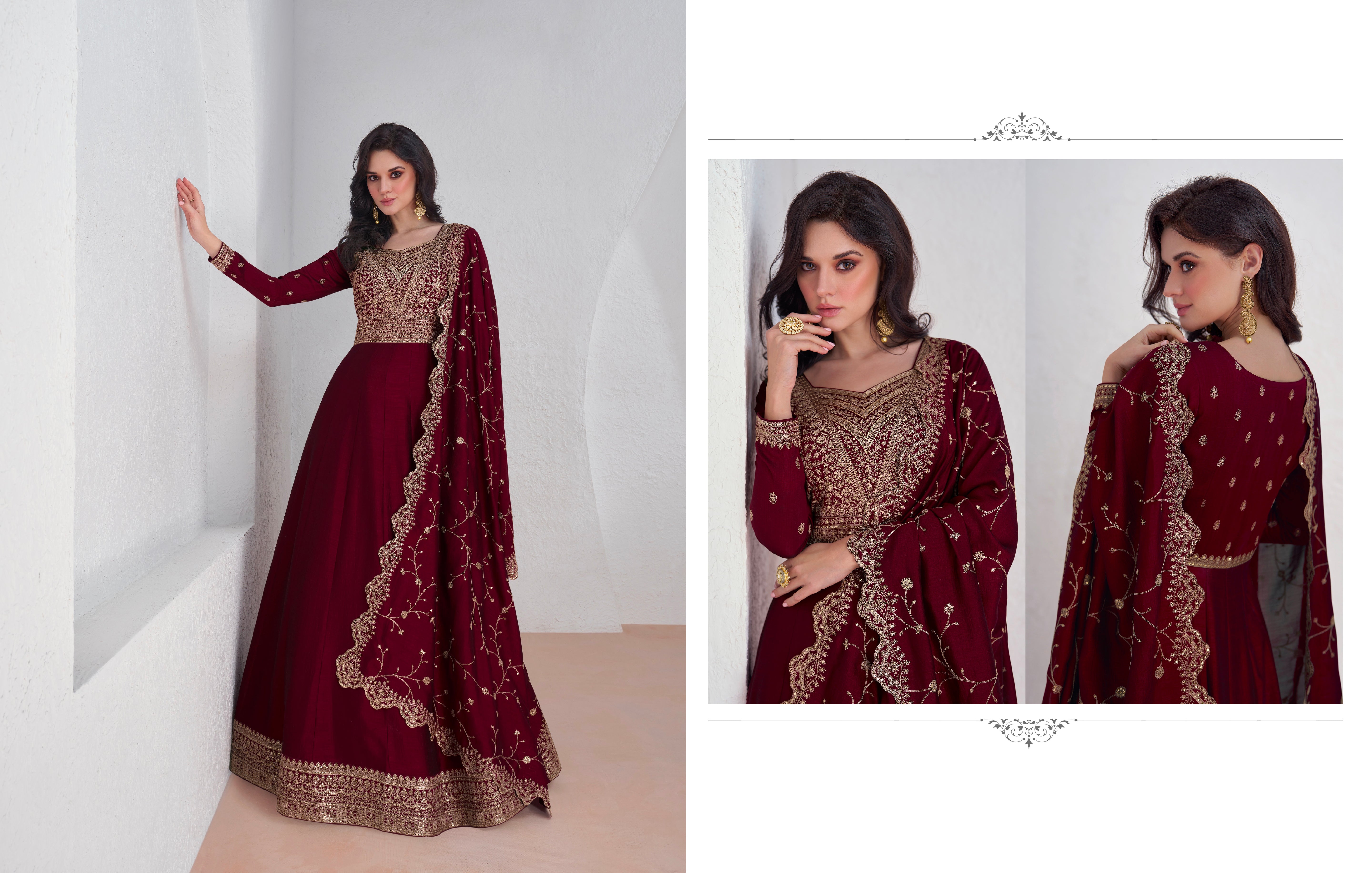 Red embroidered premium silk Anarkali suit with dupatta for weddings and festivals.