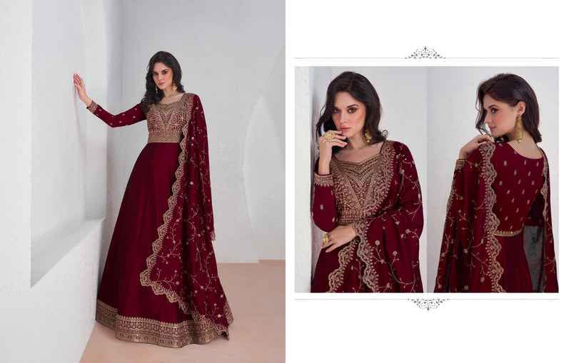 Red embroidered premium silk Anarkali suit with dupatta for weddings and festivals.