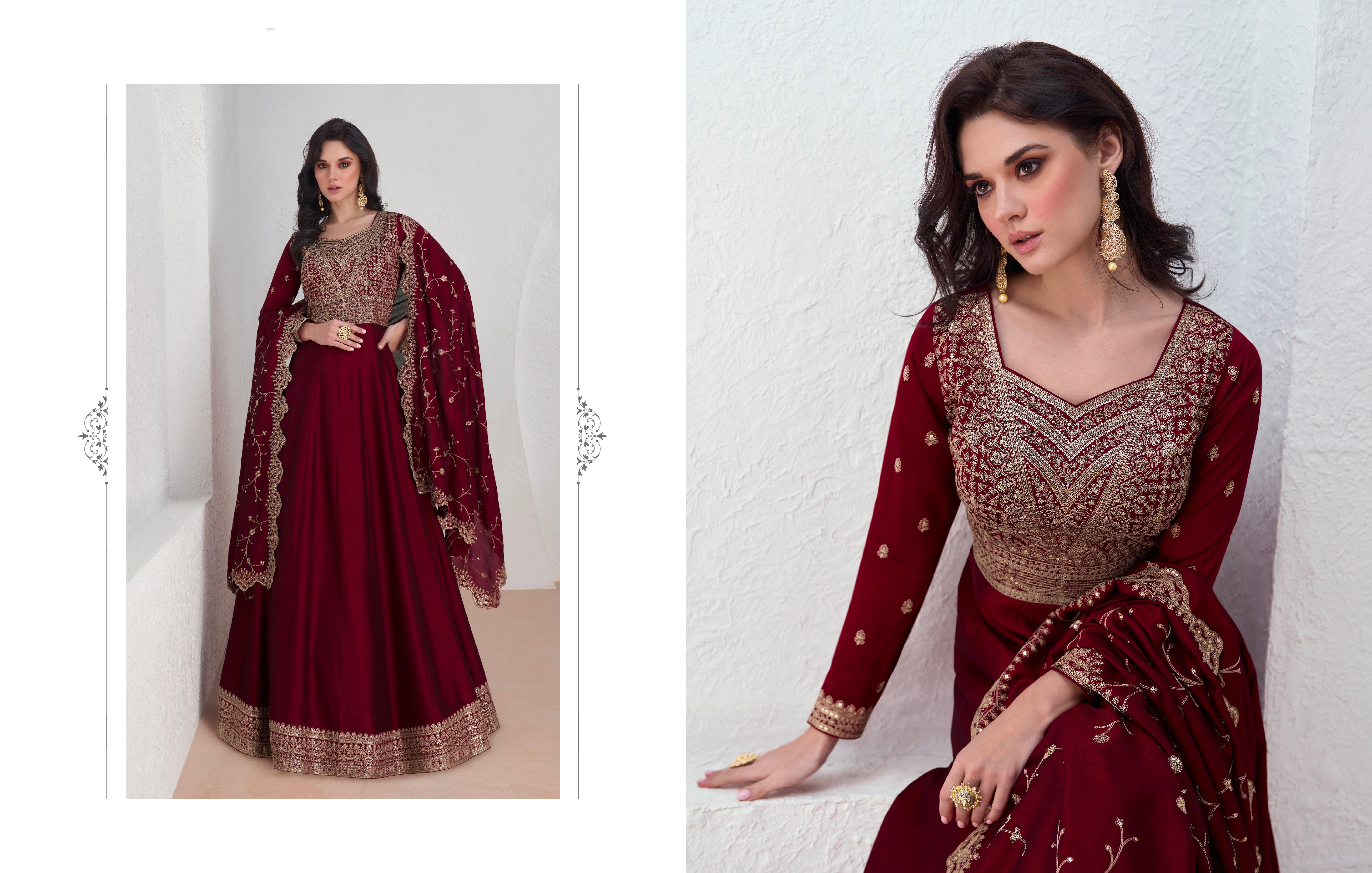 Red embroidered premium silk Anarkali suit with dupatta for weddings and festivals.