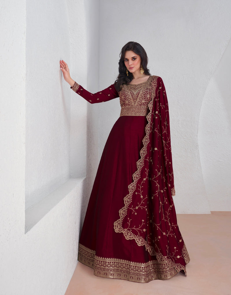 Red embroidered premium silk Anarkali suit with dupatta for weddings and festivals.