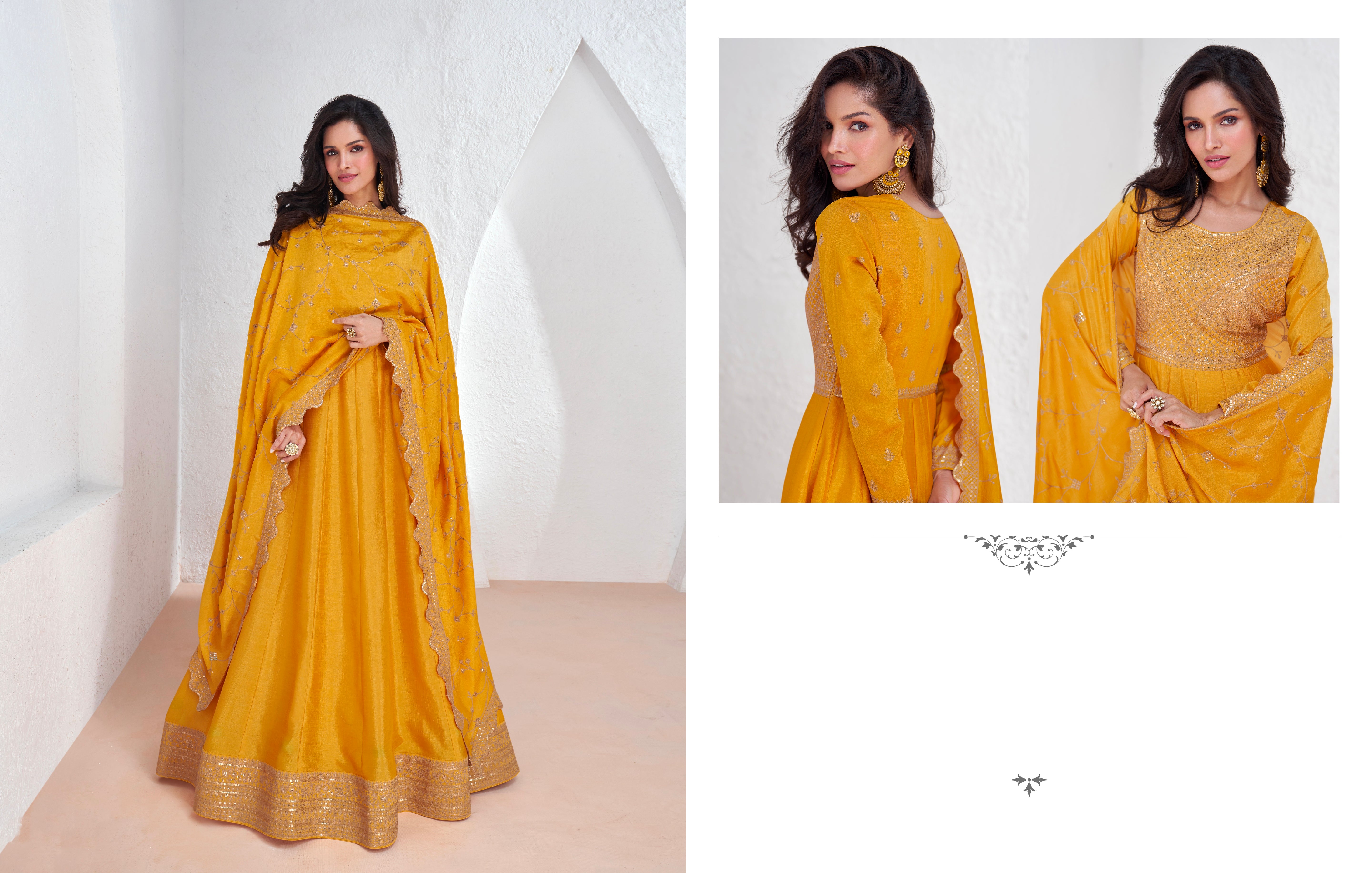 Mustard yellow embroidered premium silk Anarkali suit with dupatta for weddings and festivals.