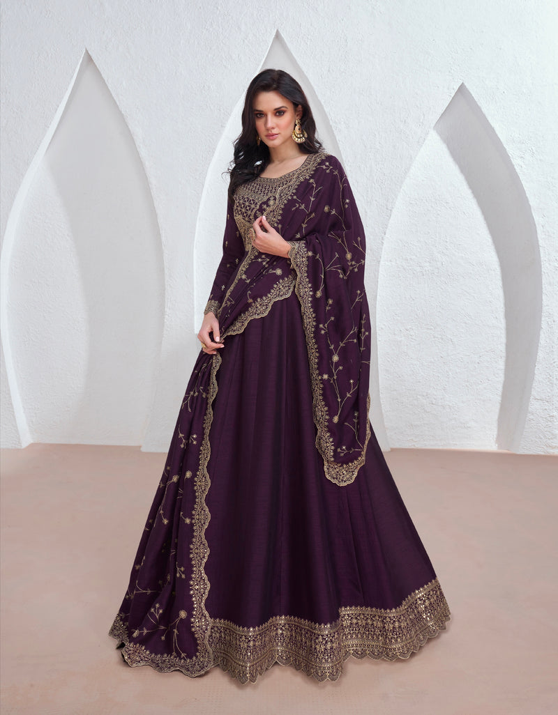 Purple Embroidered Premium Silk Anarkali Suit with Dupatta