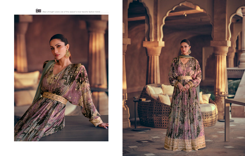 Purple Floral Embroidered Georgette Anarkali Suit with Net Dupatta