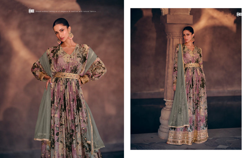 Purple Floral Embroidered Georgette Anarkali Suit with Net Dupatta