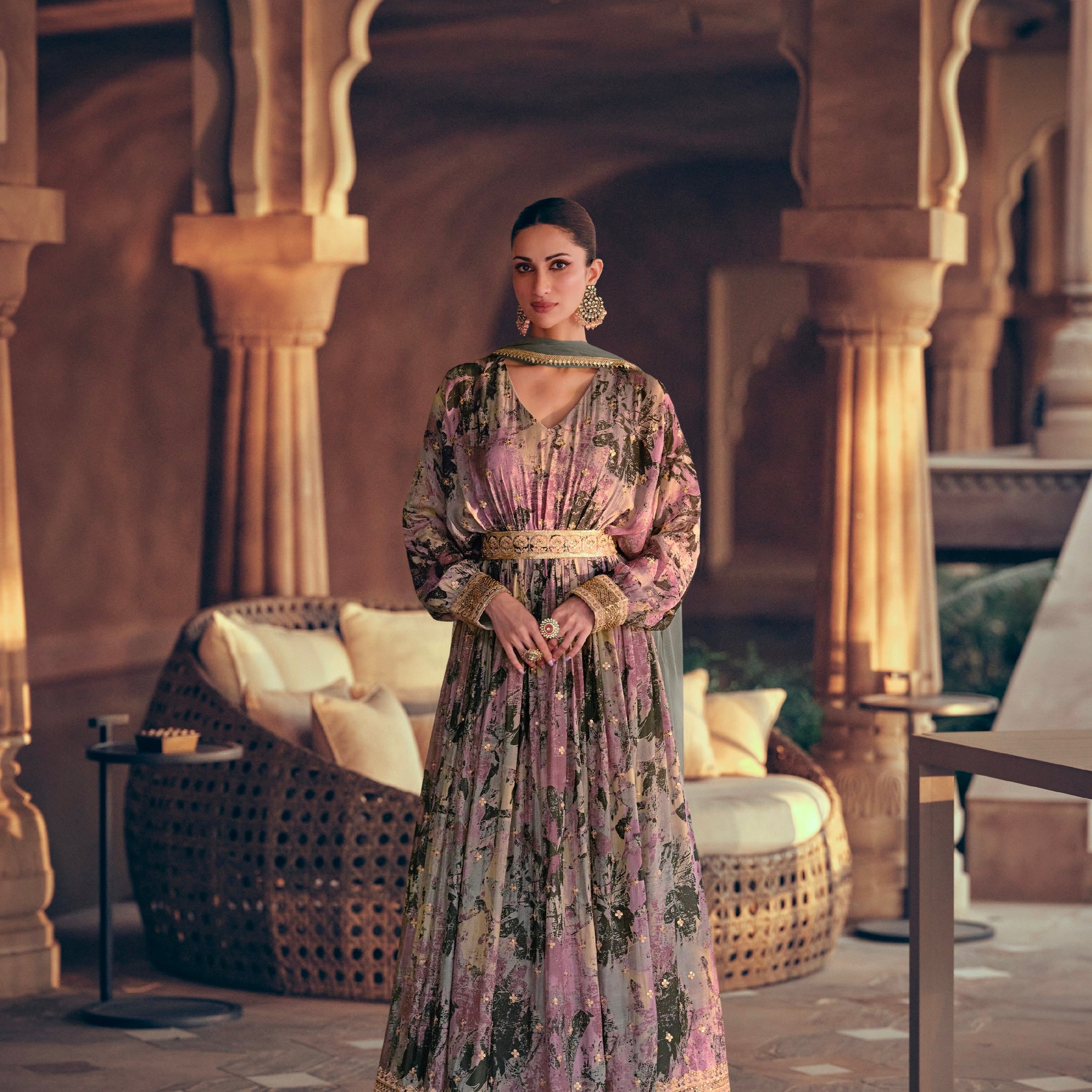 Purple Floral Embroidered Georgette Anarkali Suit with Net Dupatta