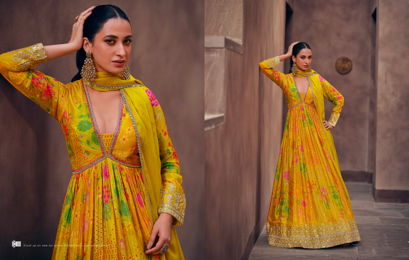 Yellow Floral Embroidered Georgette Anarkali Suit with Net Dupatta