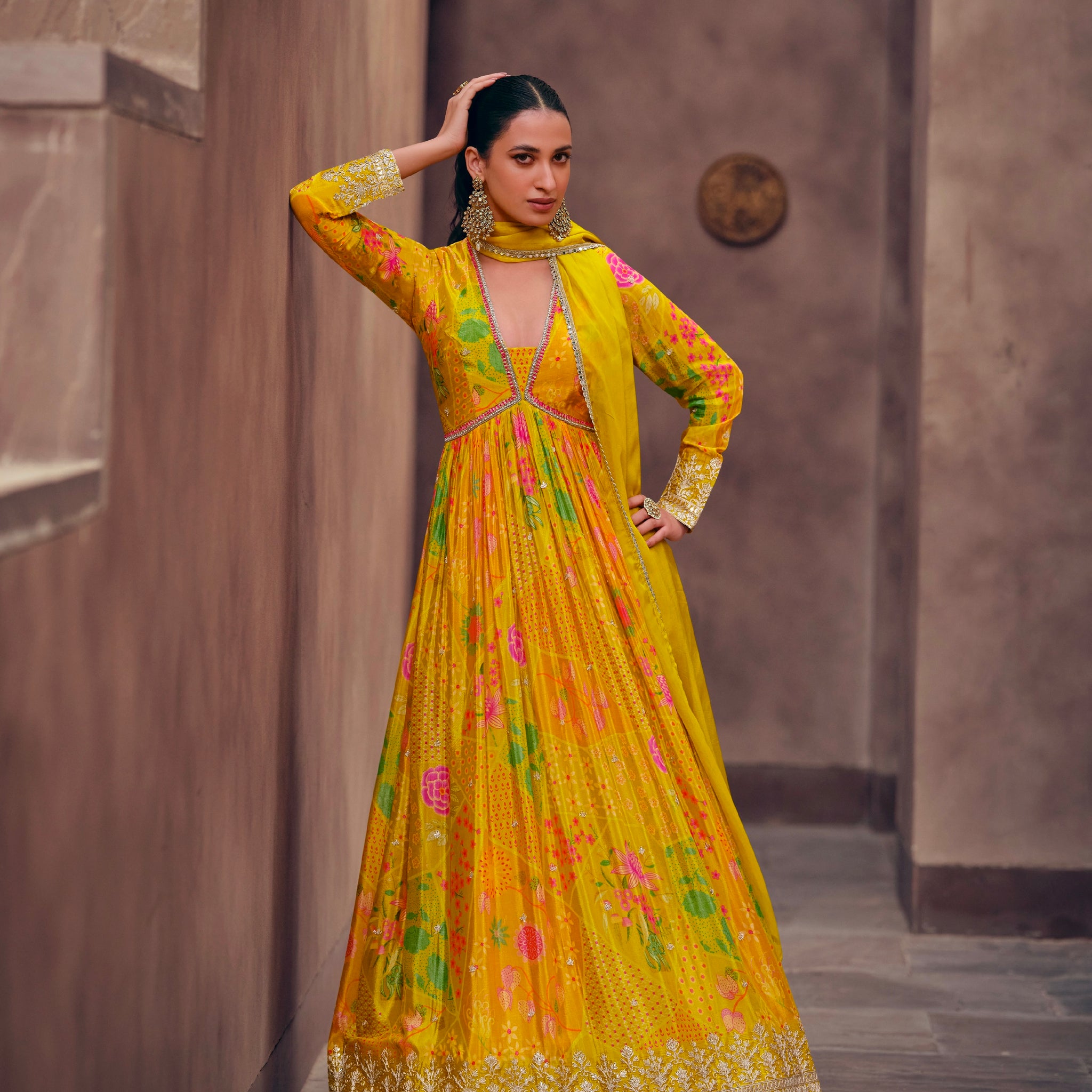 Yellow Floral Embroidered Georgette Anarkali Suit with Net Dupatta