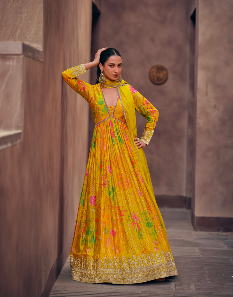 Yellow Floral Embroidered Georgette Anarkali Suit with Net Dupatta