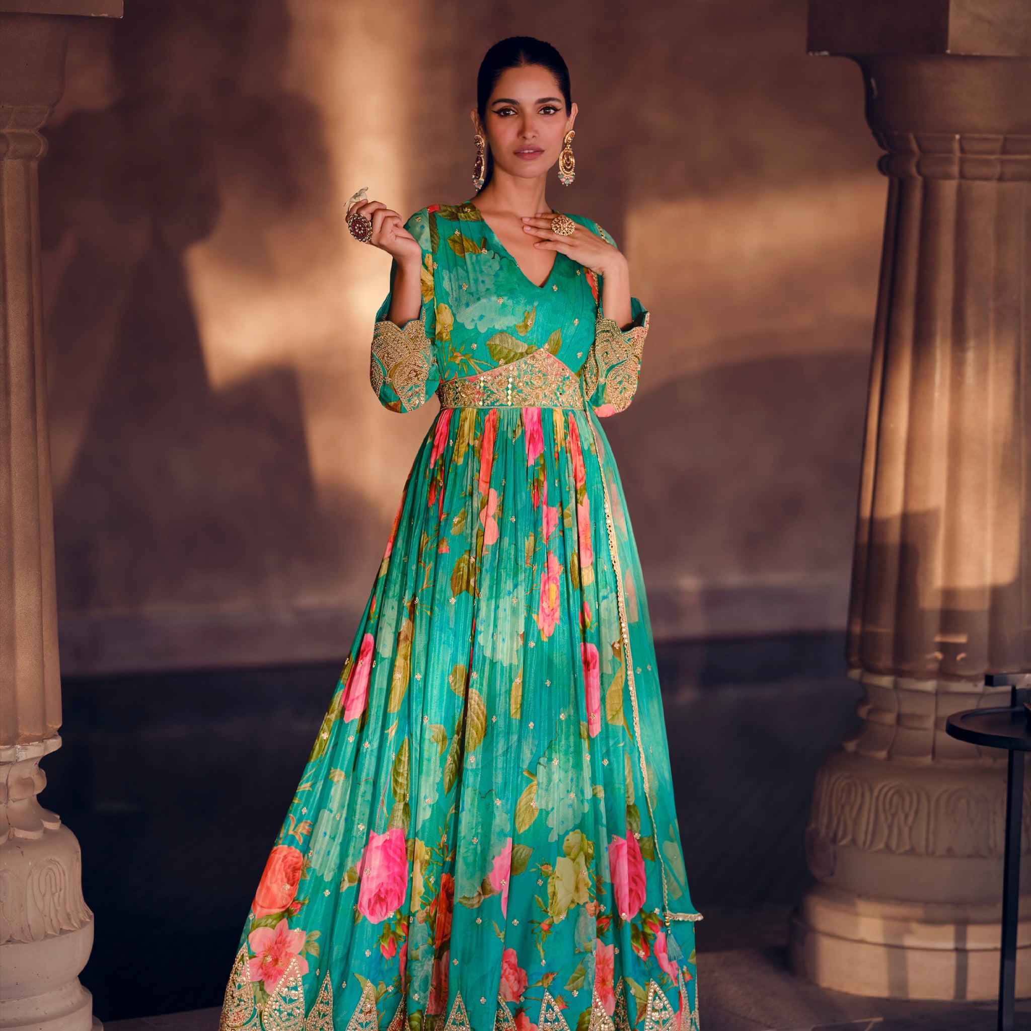 Green Floral Embroidered Georgette Anarkali Suit with Net Dupatta