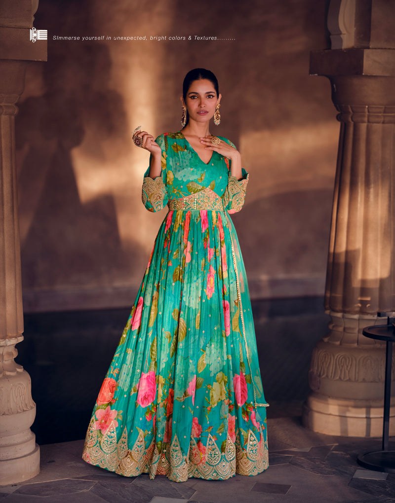Green Floral Embroidered Georgette Anarkali Suit with Net Dupatta