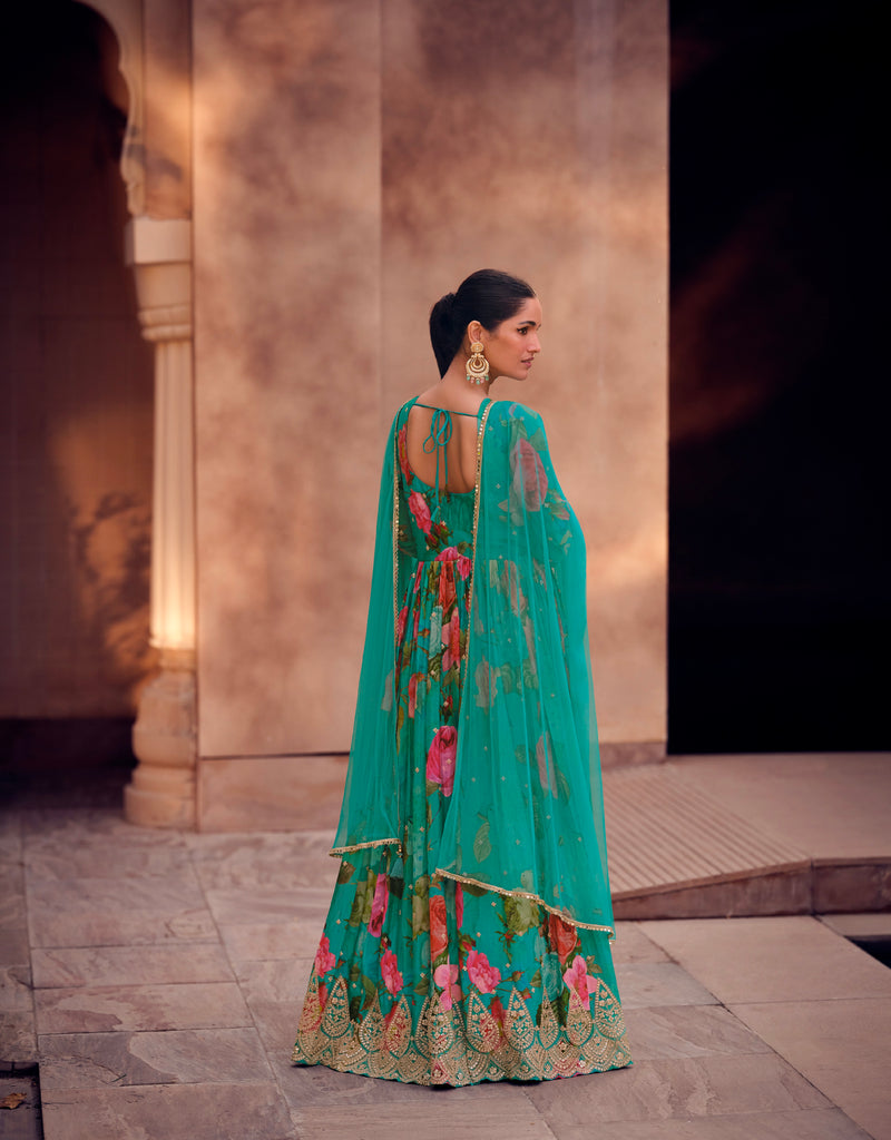 Green Floral Embroidered Georgette Anarkali Suit with Net Dupatta