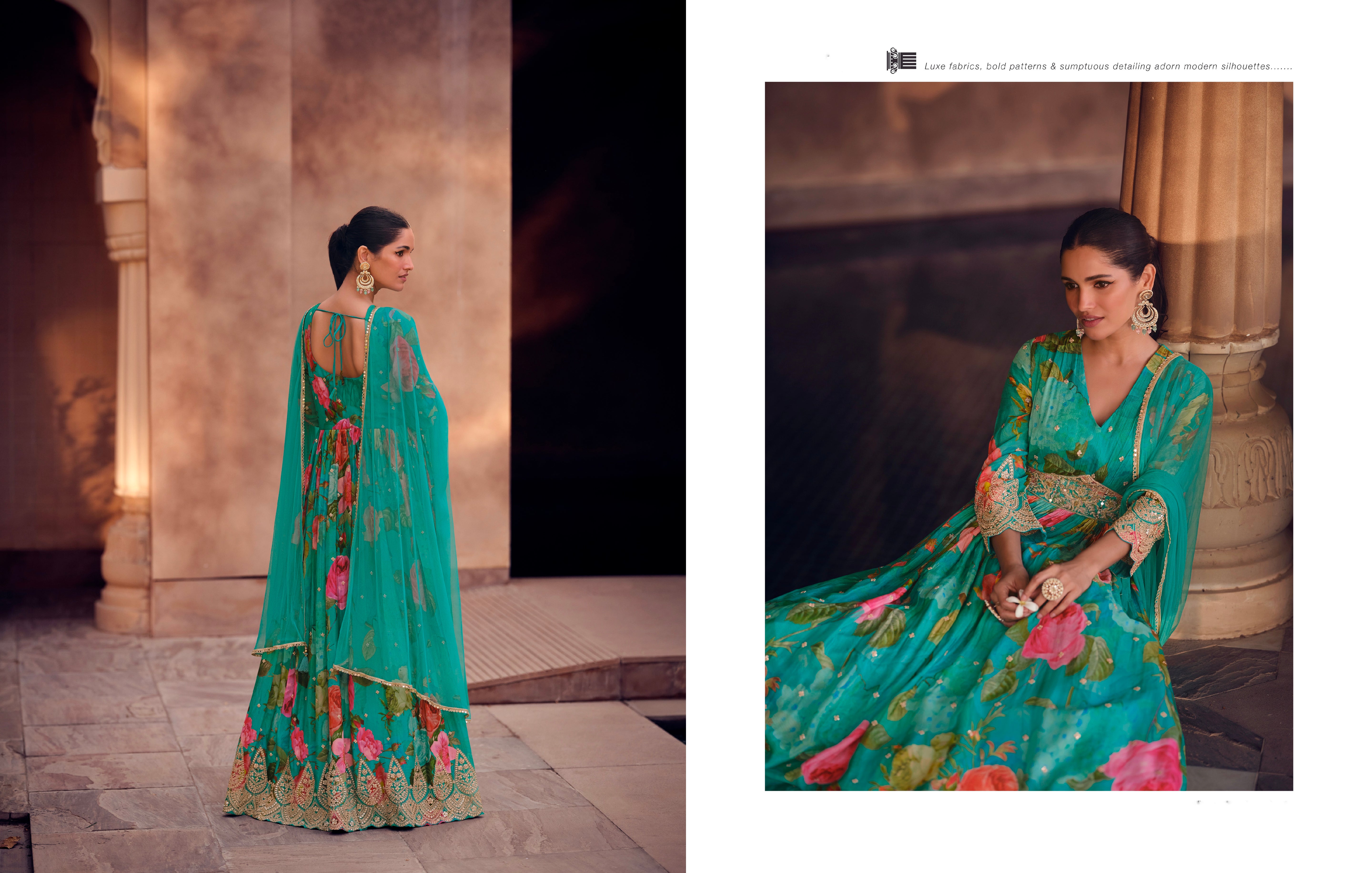 Green Floral Embroidered Georgette Anarkali Suit with Net Dupatta