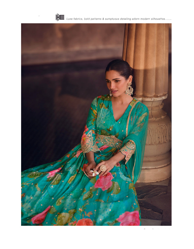 Green Floral Embroidered Georgette Anarkali Suit with Net Dupatta