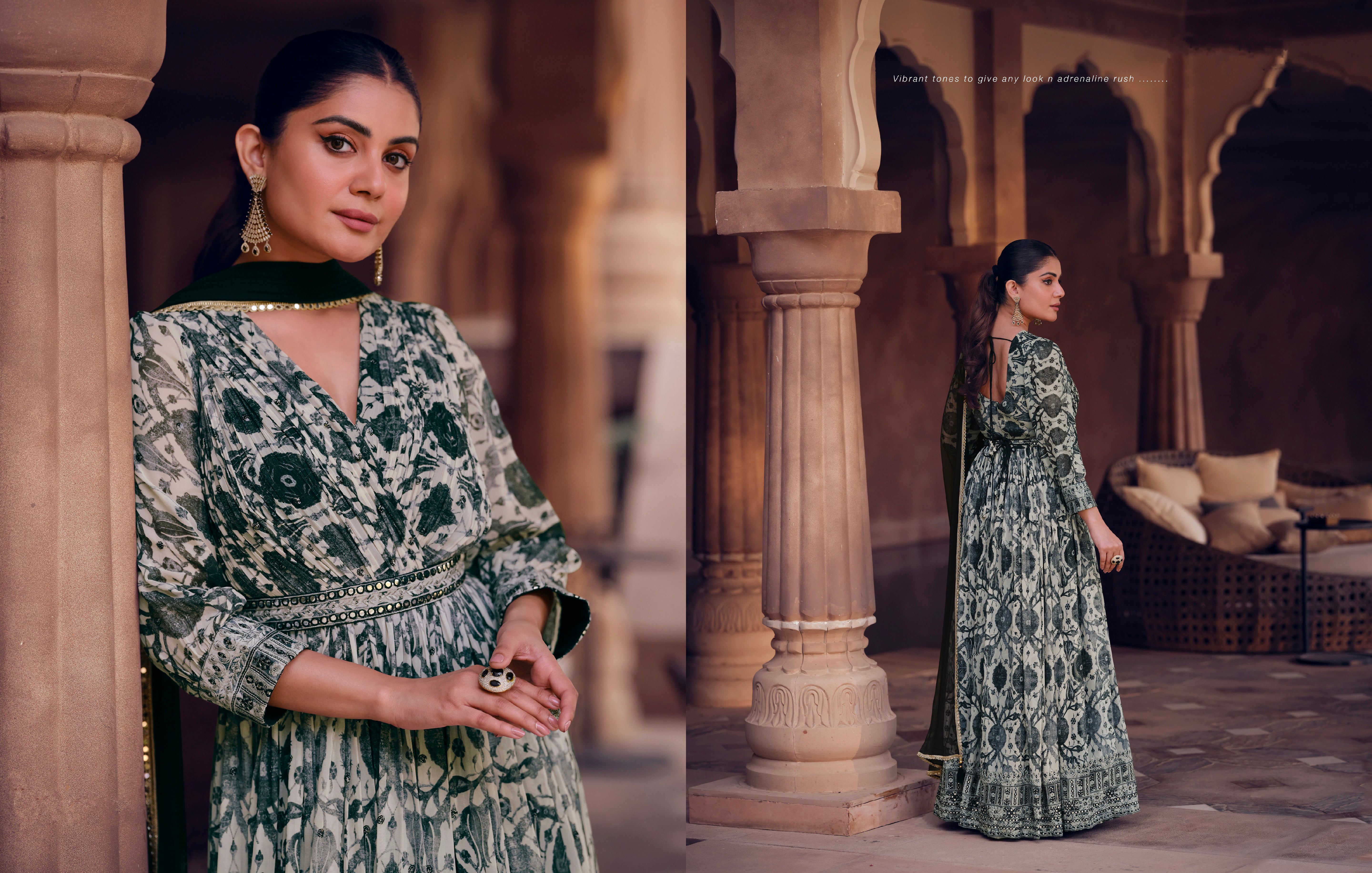 Green Floral Print Georgette Anarkali Suit with Net Dupatta