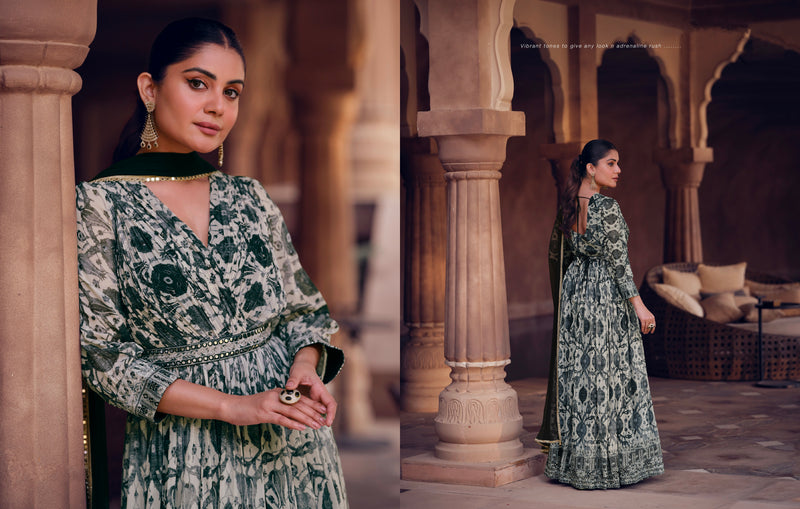 Green Floral Print Georgette Anarkali Suit with Net Dupatta