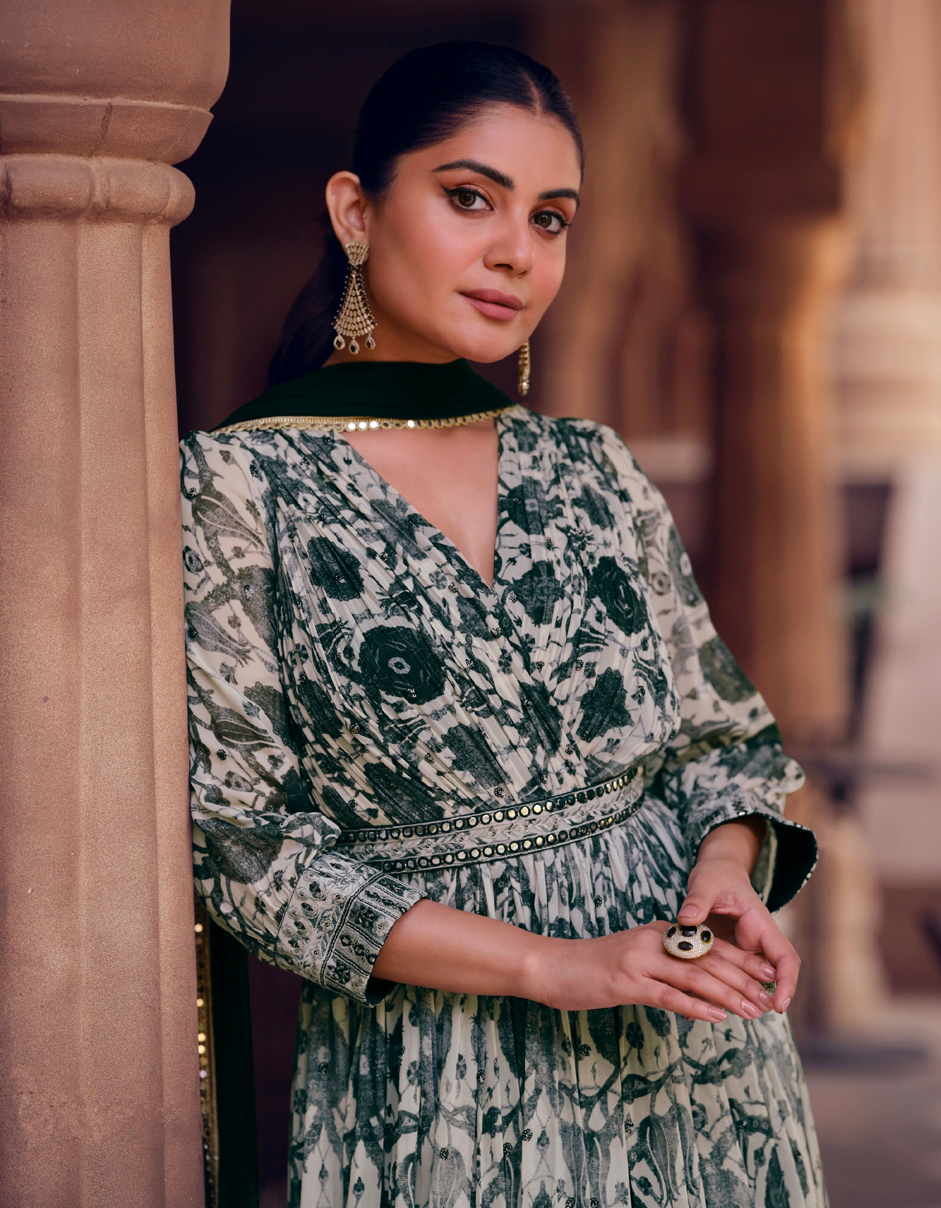 Green Floral Print Georgette Anarkali Suit with Net Dupatta