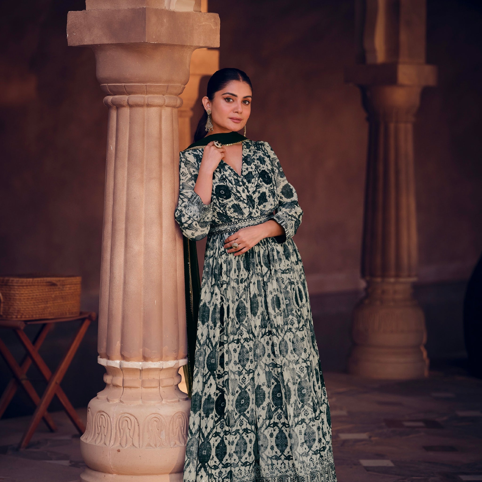 Green Floral Print Georgette Anarkali Suit with Net Dupatta
